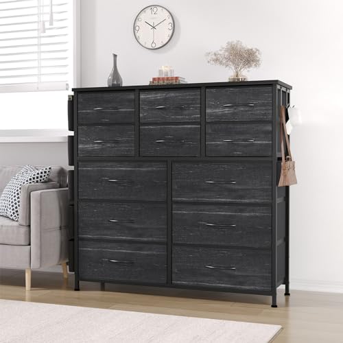 GAOMON Dresser for Bedroom with 12 Drawers, Storage Dresser Organizer Unit, Fabric Dresser for Bedroom, Closet, Nursery, Chest of Drawers, Steel Frame, Wood Top (Charcoal Black)