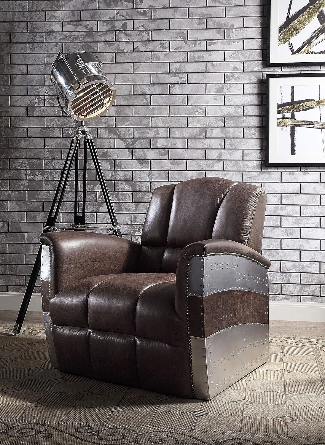 Acme Brancaster Top Grain Leather Accent Chair in Retro Brown and Aluminum