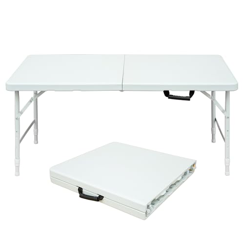4 Foot Portable Plastic Folding Table, 4ft White Rectangle Foldable Utility Table with Carry Handle, Adjustable Height, Easy to Fold up for Indoor Outdoor Dining Camping