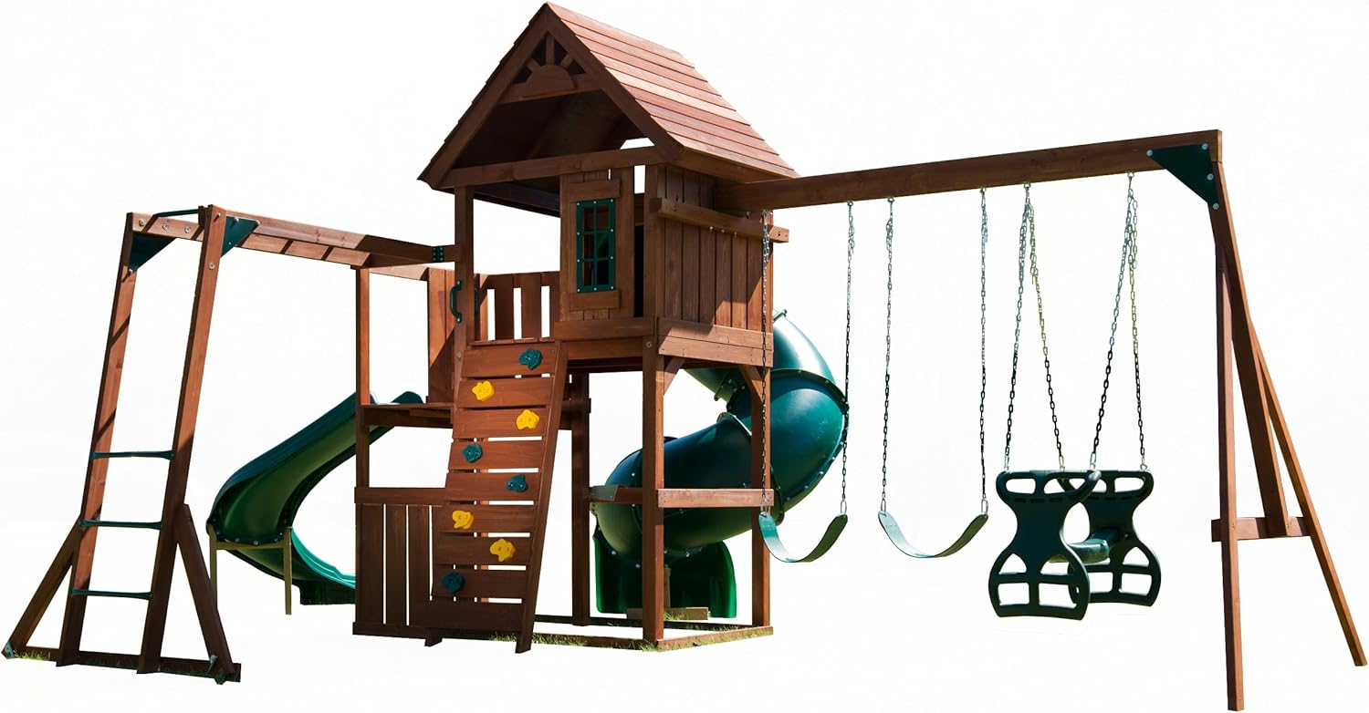 Swing-N-Slide Grandview Twist Play Set with Two Slides, Two Swings, Monkey Bars, Glider and Climbing Wall
