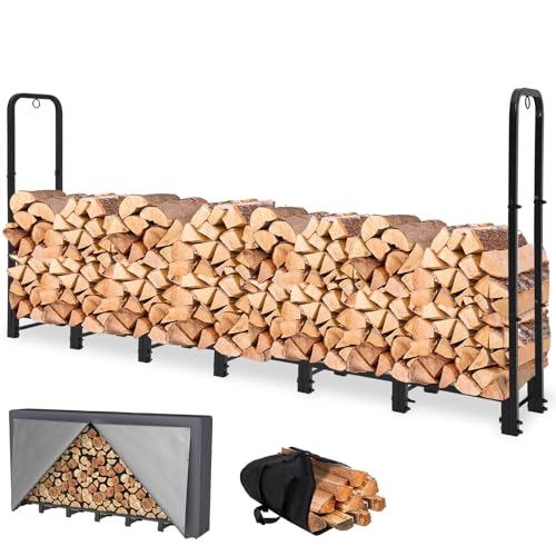 4FT Firewood Rack Outdoor with Cover, Heavy Duty Wood Holder with Log Carrier, Adjustable & Waterproof Log Holder Wood Storage Stand for Fireplace Patio Outdoor, Black