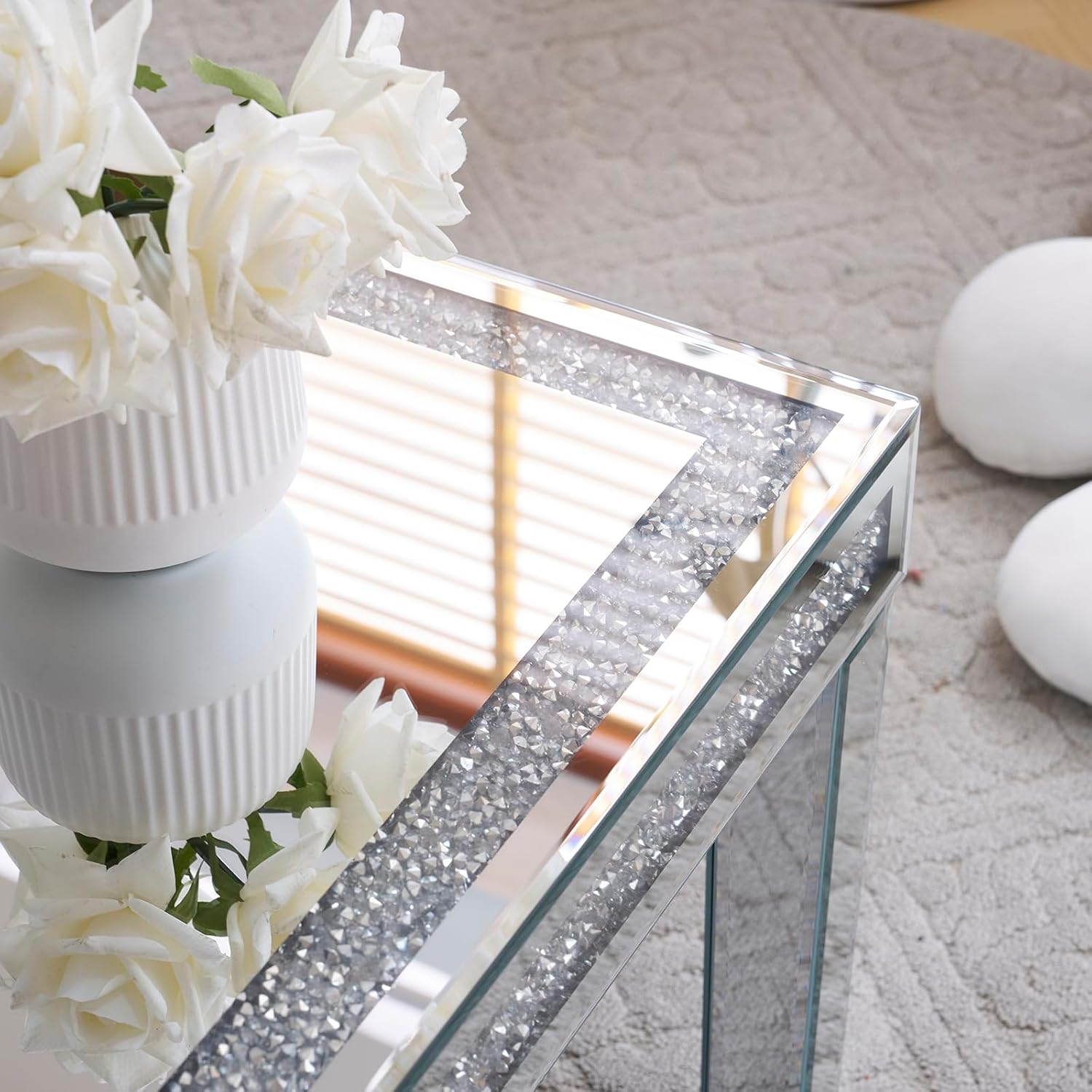 SSLine Modern Mirrored Coffee Table Luxury Living Room Cocktail Center Table with Silver Mirror Finish Rectangular Small Coffee Table with Crystal Inlay and Edge - Partially Assembled