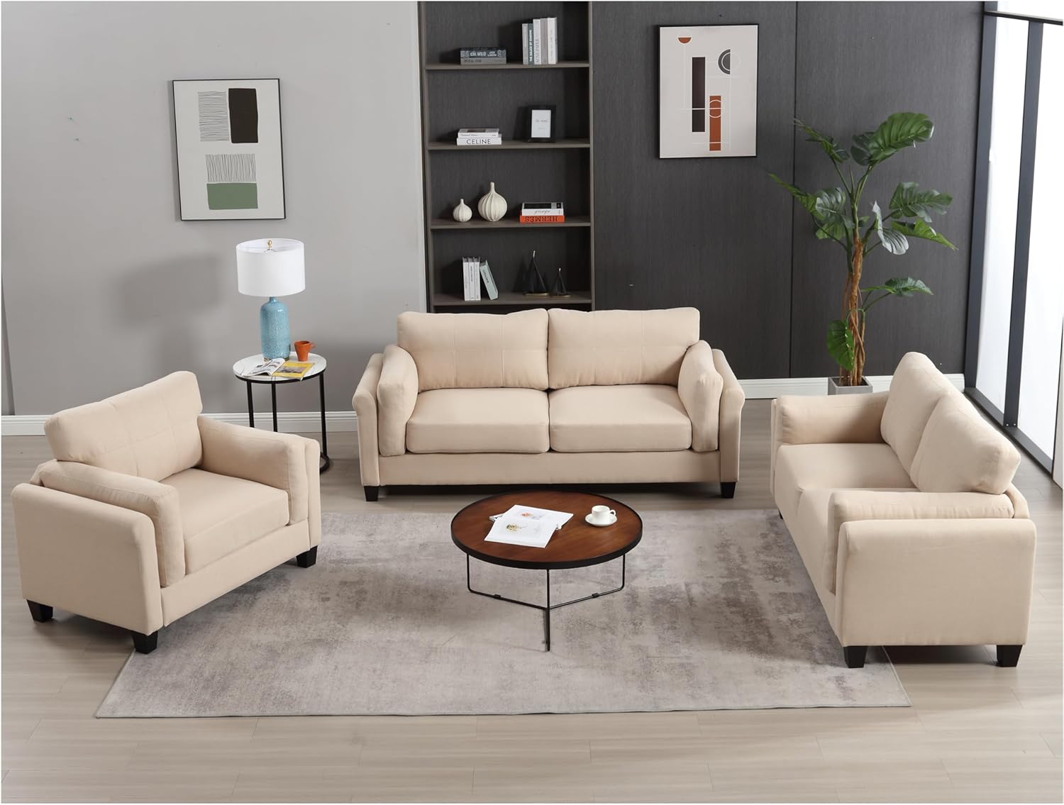 East Fan 3 Pieces Living Room Sectional Sofa Set,Living room Couch Set, Upholstery Armchair Sofa, Loveseat Sofa and 1 USB 3 Seat Couch,Khaki Sofa (1-Seater+2-Seater+3-Seater)