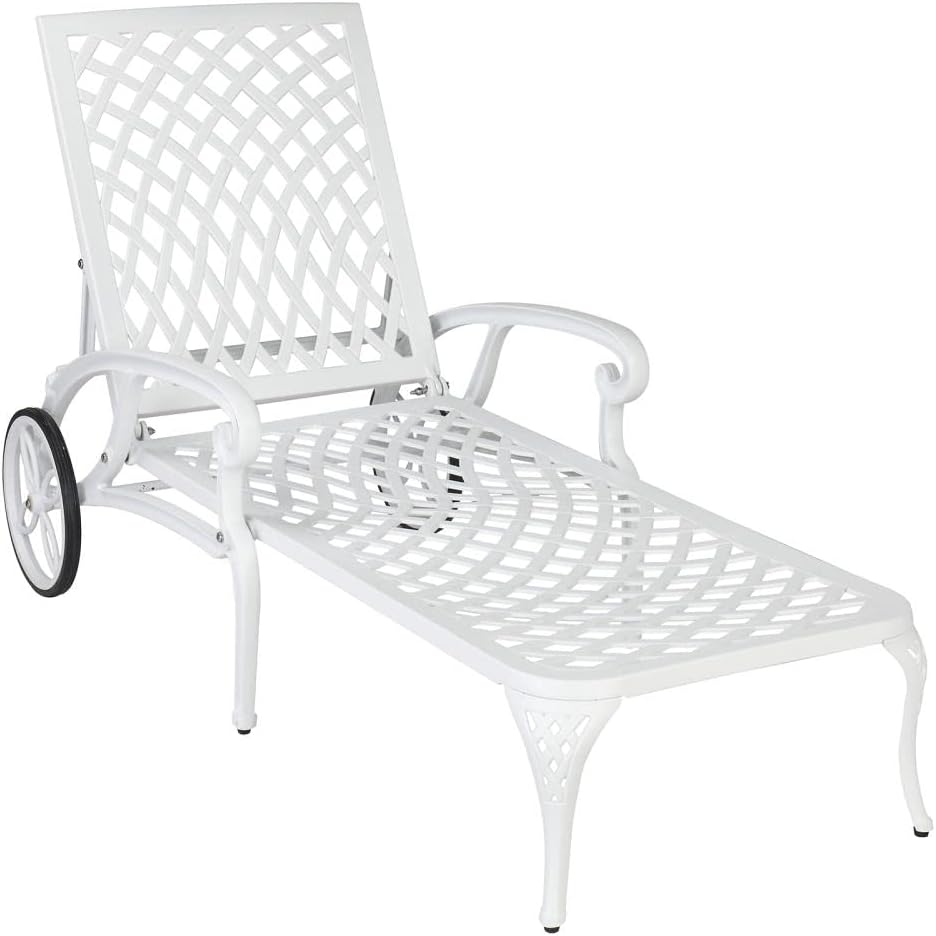 Adjustable Outdoor Chaise Lounge - Cast Aluminum Poolside Recliner White Furniture for Courtyard Seating and Garden Relaxation