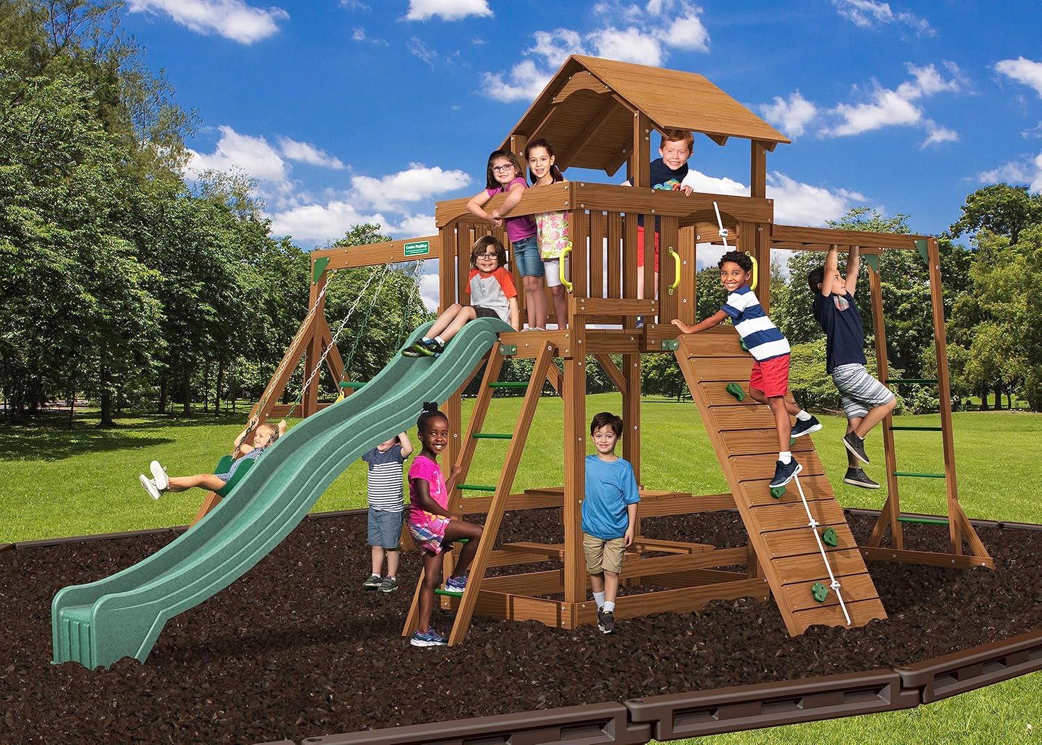 Creative Playthings Spring Hill Wooden Swing Set with Monkey Bars (Made in The USA), includes Kids Climbing Wall, Monkey Bars, Playground Swings and Slide,15 x 20 x 11 ft
