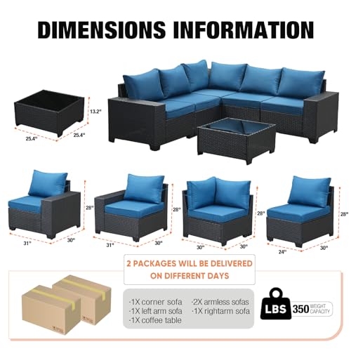 Patio Furniture Set 5 Pieces All Weather Patio Conversation Sets Wicker PE Rattan Outdoor Sectional Couch Sofa with Cushion Ottoman Table for Poolside Peacock, Garden, Backyard Navy