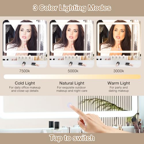 HOMMPA Vanity Desk with Mirror and Lights Makeup Desk with Drawers Vanity Table with 3 Color Lighted Mirror Makeup Table with Charging Station Modern Dressing Table for Bedroom White