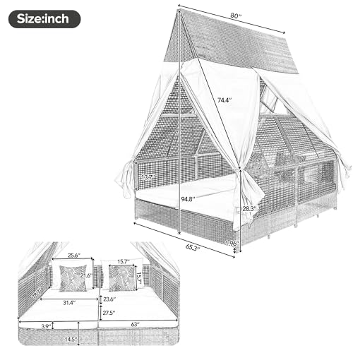 WILLIAMSPACE Patio Double Chaise Lounge Sunbed Patio Daybed with Adjustable Backrest & Cushions, Wicker Rattan Patio Reclining Daybed with Foldable Cup Trays for Lawn, Poolside (Grey)