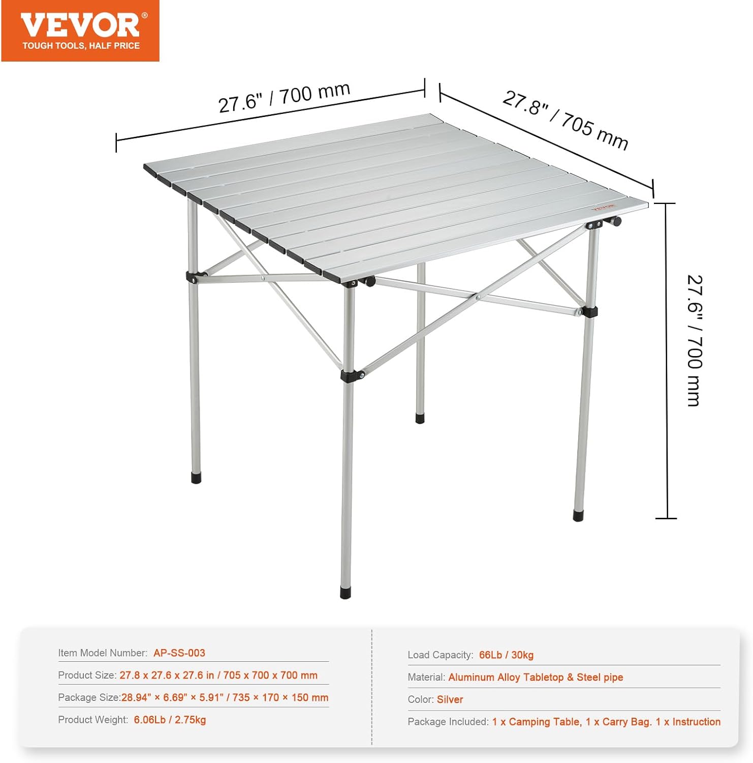 VEVOR Folding Camping Table, Outdoor Portable Lightweight Aluminum Ultra Compact Snap-Together Design with Carry Bag, for Cooking, Beach, Picnic, Travel, Grilling, 28'' x 28'', Silver