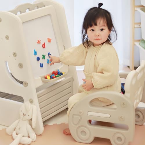 Tiita Kids Table and Chair Set, 3 in 1 Convertible Art Easel & Display Bookshelf w/Magnetic Painting Board, Bottom Storage Shelf, Standing Easel with Chairs, Grey