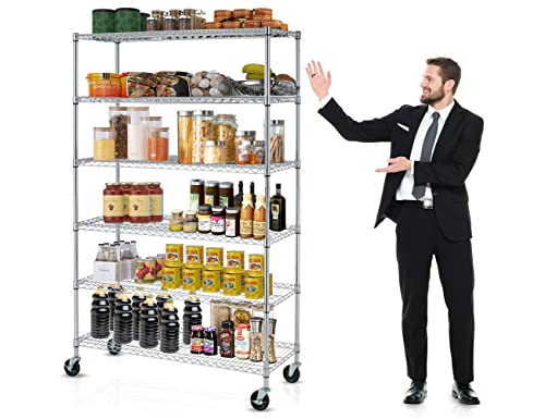 6000Lbs Capacity Storage Shelves, 6 Tier NSF Certified Heavy Duty Wire Shelving with Wheels, 48