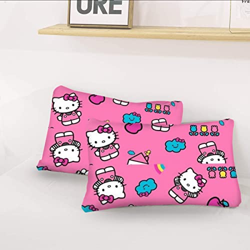 DIEZ Hello Cat Kitty 3 Piece Twin Bed Set - Includes Comforter & Pillowcases - Bedding Features Anime Cats - Super Soft Fade Resistant Microfiber