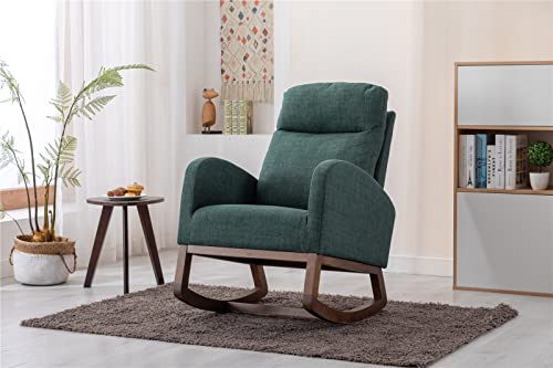 Rocking Chair, Modern Fabric Upholstered Accent Armchair with High Backrest and Solid Wood Legs, Mid-Century Nursery Chair with Side Pocket for Living Room Bedroom Office Apartment, Emerald