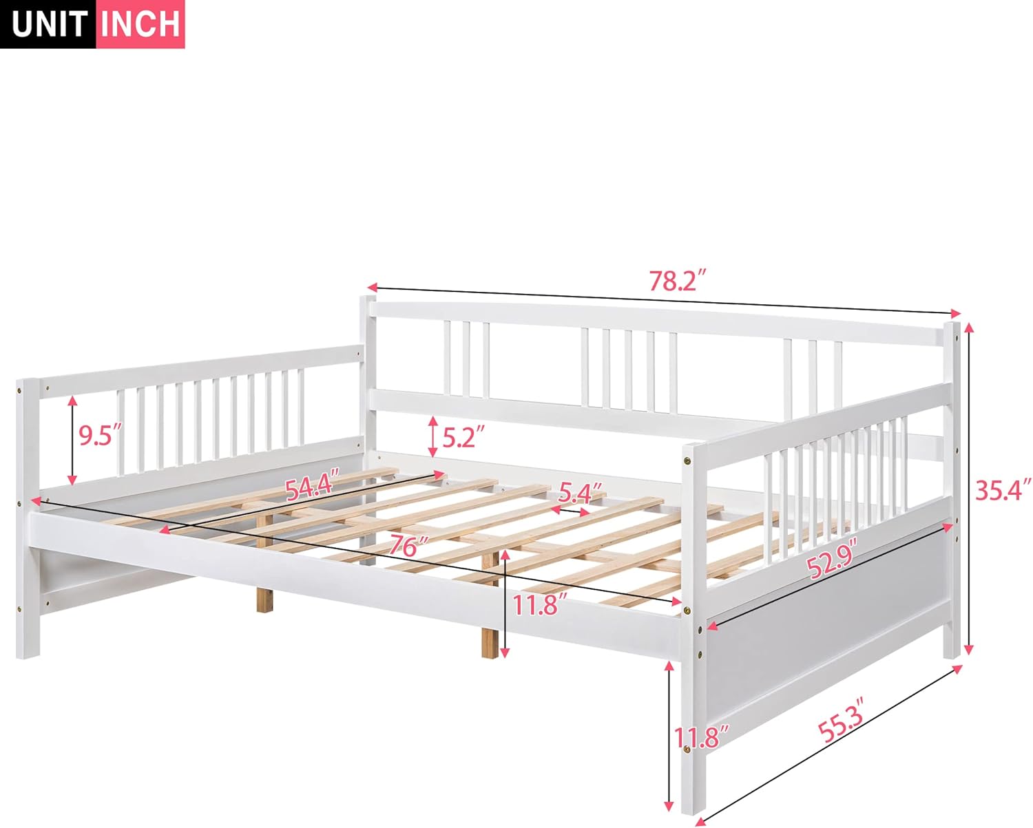 Bellemave Full Daybed Frame, Wood Daybed with Rails, Sofa Bed with Slat Support, Platfrom No Box Spring White