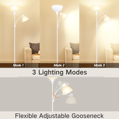 OUTON Dimmable Floor Lamp with Reading Lamp, Remote Control, 3 Color Temperatures, 2 x 9W Energy-Saving LED Bulbs, Modern Standing Tall Lamp for Living Rooms & Bedroom, Office (Silver Grey)