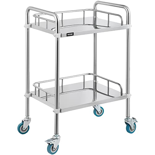 VEVOR Lab Rolling Cart 3 Shelves Shelf Stainless Steel Rolling Cart Catering Dental Utility Cart Commercial Wheel Dolly Restaurant Dinging Utility Services (23.4