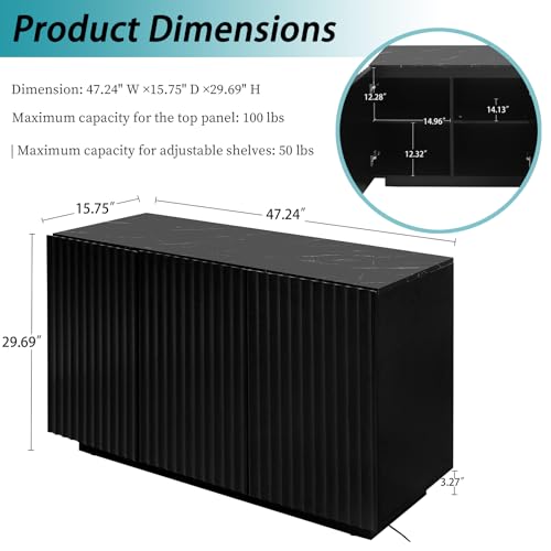 Fluted Black Storage Cabinet, Sideboard Buffet Cabinet with 4 Doors, 64