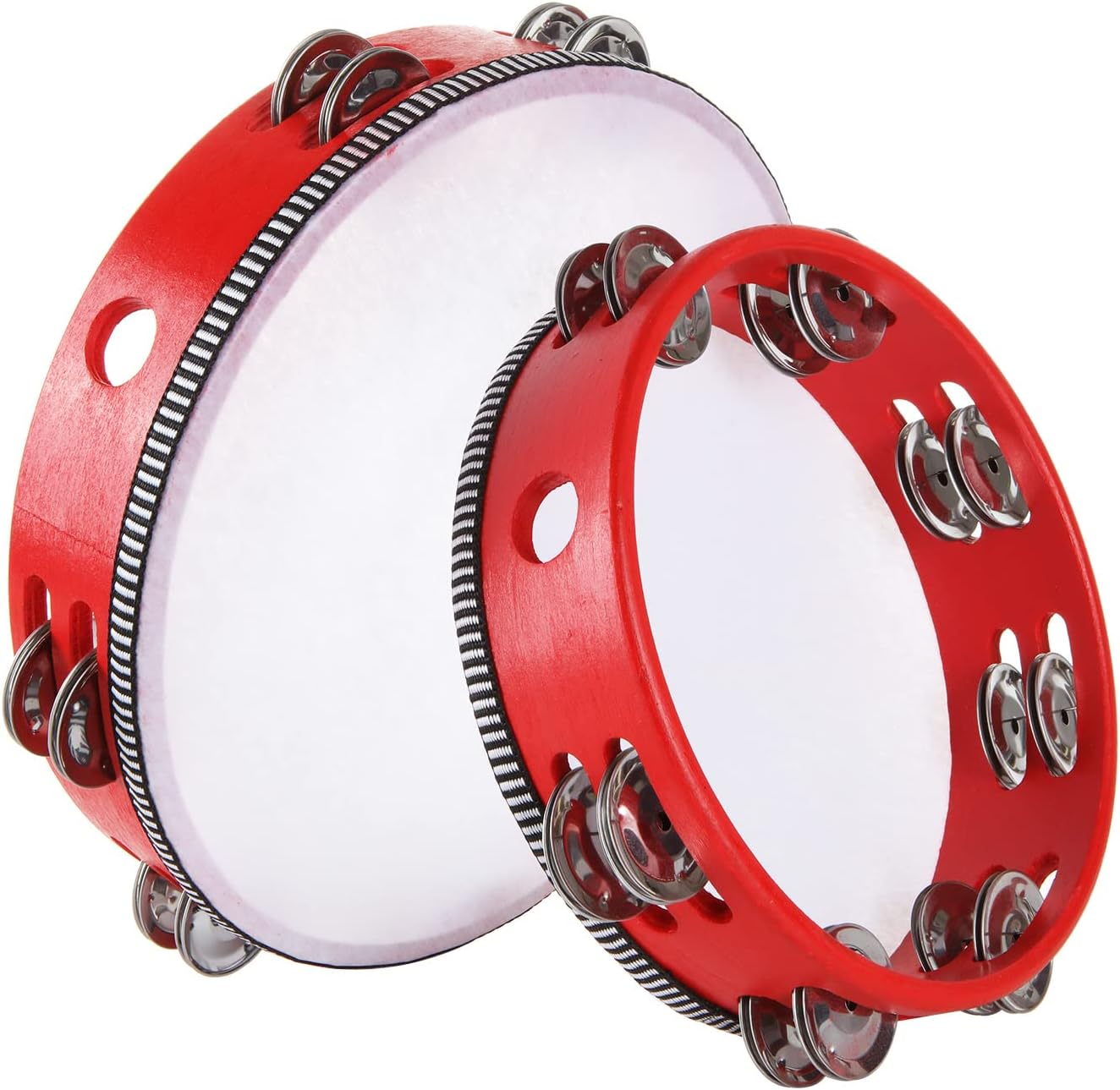 2 Pack Tambourine 8 & 10 Inch Tambourine Drum for Adults, Double Row Metal Jingle Bells Wood Handheld Tambourines Musical Percussion Instrument for Party, KTV, Church, Red