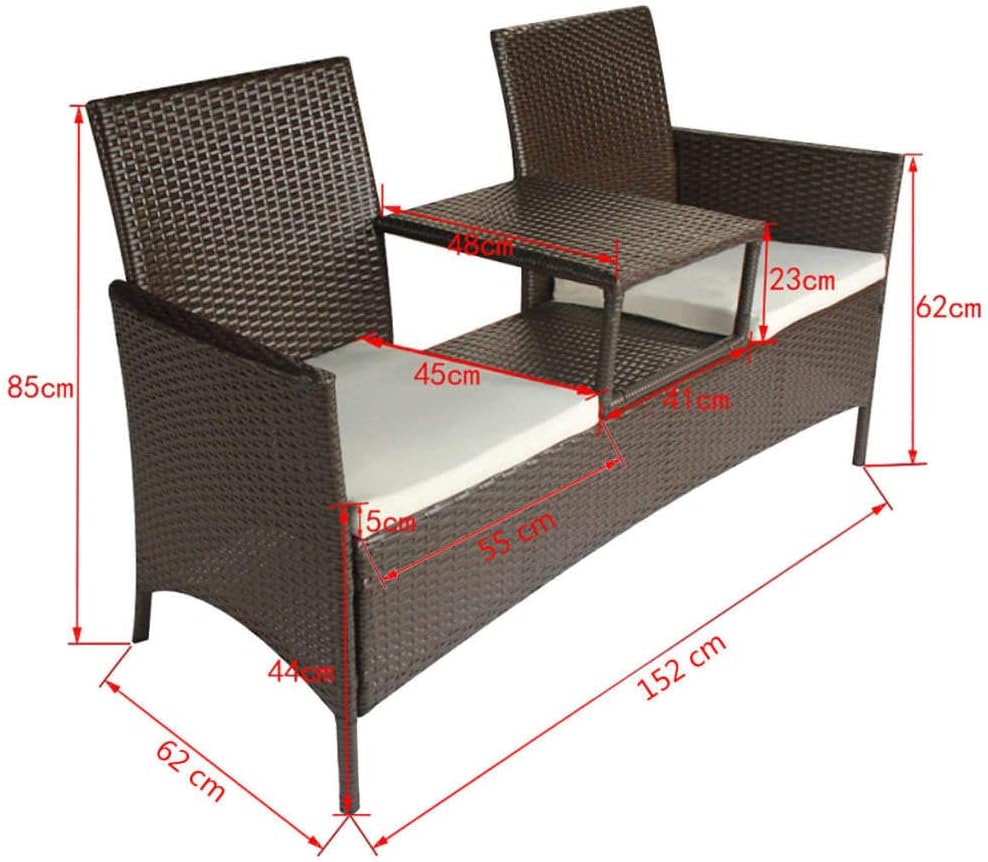 2-Seater Patio Sofa, Outdoor Bench Porch Bench Wood Bench Outdoor Chairs Suitable for Living Room Outdoors Garden Entryway, with Tea Table Poly Rattan Brown