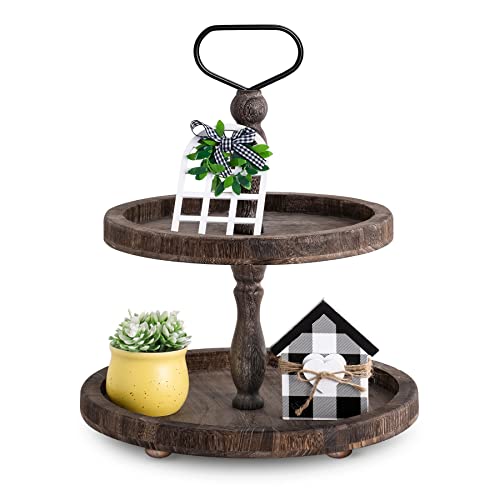 Mustry Rustic Wooden 2 Tiered Tray, Round Farmhouse Kitchen Table Decor Serving Tier Tray, Food Fruits Cupcake Display Coffee Bar Home Party Seasonal Decorations (Brown)