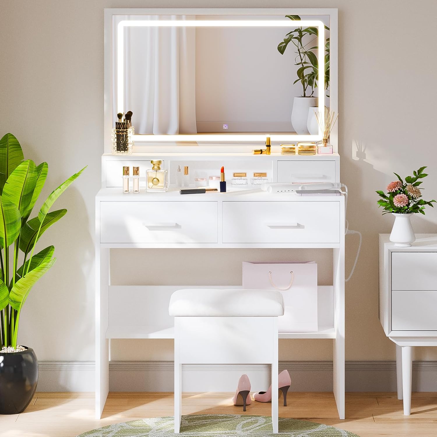Makeup Vanity Desk with Lights, White Vanity Set with Lighted Mirror, Makeup Vanity Table with 4 Drawers & LED Mirror, Power Outlet, and Charging Station