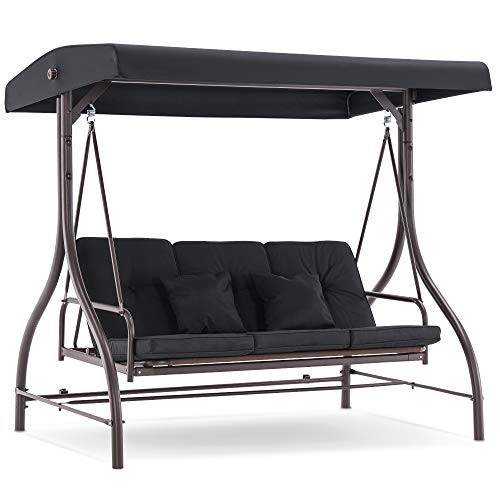 MCombo 3-Seat Outdoor Patio Swing Chair, Adjustable Backrest and Canopy, Porch Swing Glider Chair, w/Cushions and Pillows, 4068 (Brown)