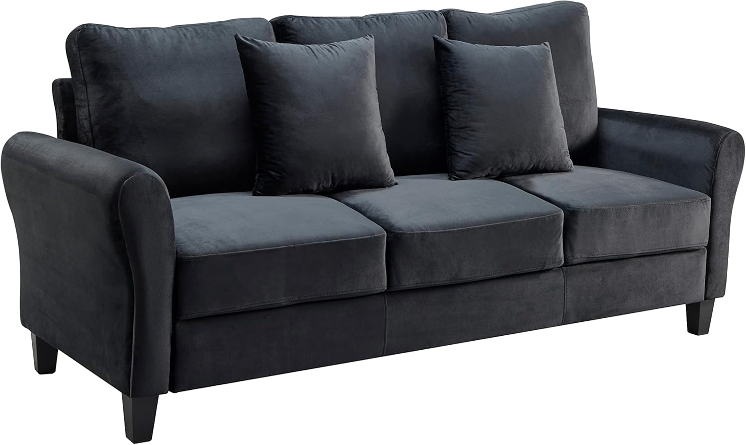 Modern Velvet Couch with 2 Pillow, 78 Inch Width Living Room Furniture, 3 Seater Sofa with Plastic Legs (Black)