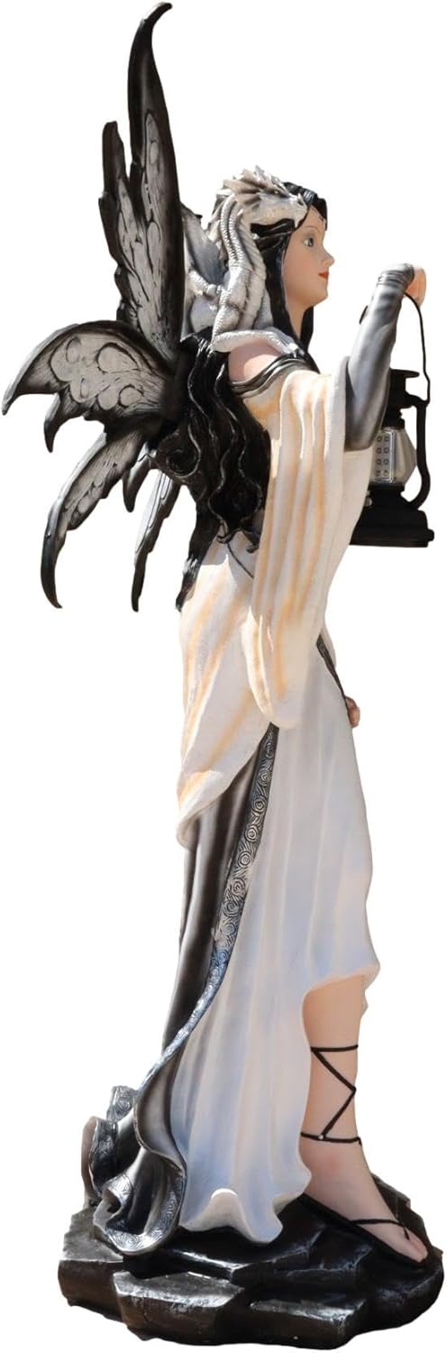 Ebros Gift Large 4 Feet Spell Caster Winter Snow White Fairy with White Dragon and Solar LED Lantern Light Statue Faery Garden Fantasy Fairies and Pixies Collection