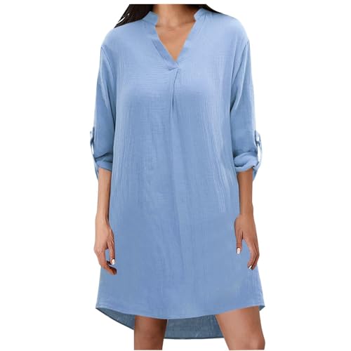 Women's Solid Long Sleeve 3/4 Sleeve Shirt Dress Casual Maxi Button Down Blouse Top T Shirts Blouses