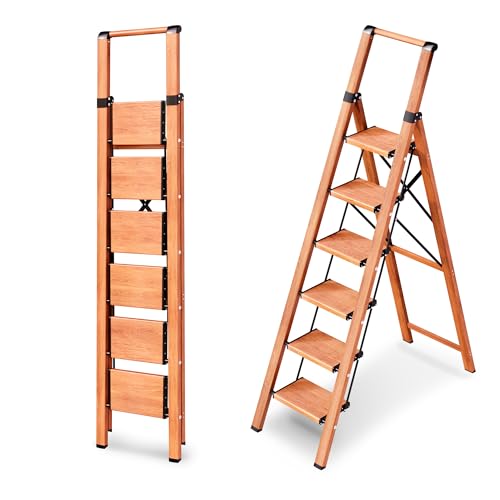 GameGem 4 Step Ladder, Aluminum Folding Step Stool with Anti-Slip Sturdy and Wide Pedal, Portable Lightweight Stepladder with Convenient Handgrip for Home, Office, Kitchen Use 330 lbs Capacity (Gold)