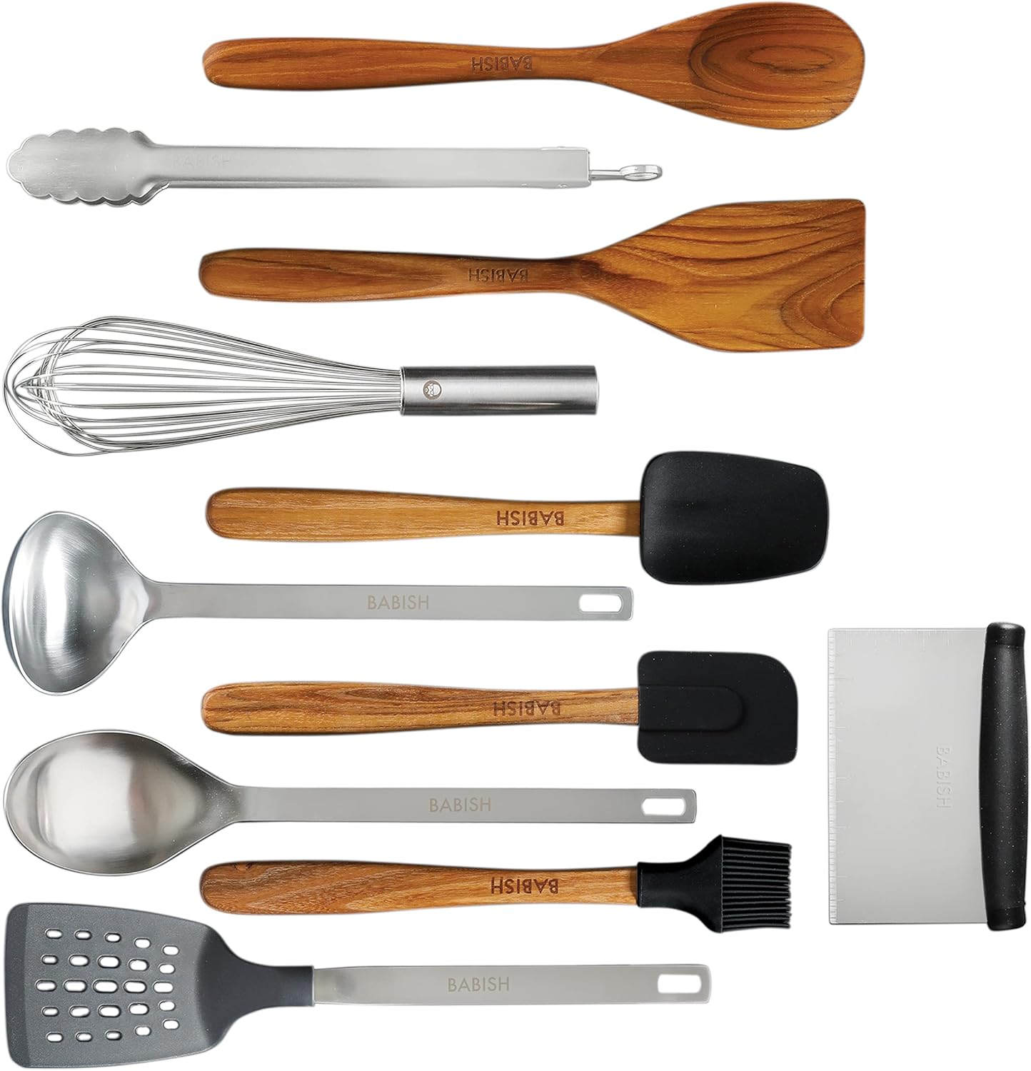 Babish 11 Piece Essential Teak Wood, Silicone, and Stainless Steel Tool Set