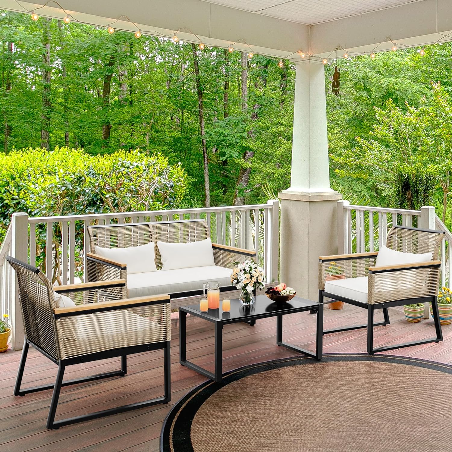 YITAHOME Patio Furniture Wicker Outdoor Bistro Set, 4-Piece All Weather Rattan Conversation Loveseat for Backyard, Balcony and Deck with Wooden Armrest, Gray Cushions and Metal Coffee Table