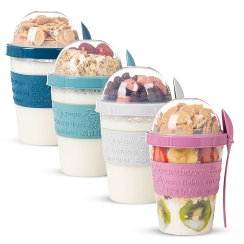 On The Go Cereal Yogurt Cups with Lids and Spoon, Overnight Oats Container, Reusable Parfait Plastic Milk Jar Breakfast Crunch Granola Oatmeal Smoothie Snack Prep Bowl To Take Along (5 Colors Set 2)