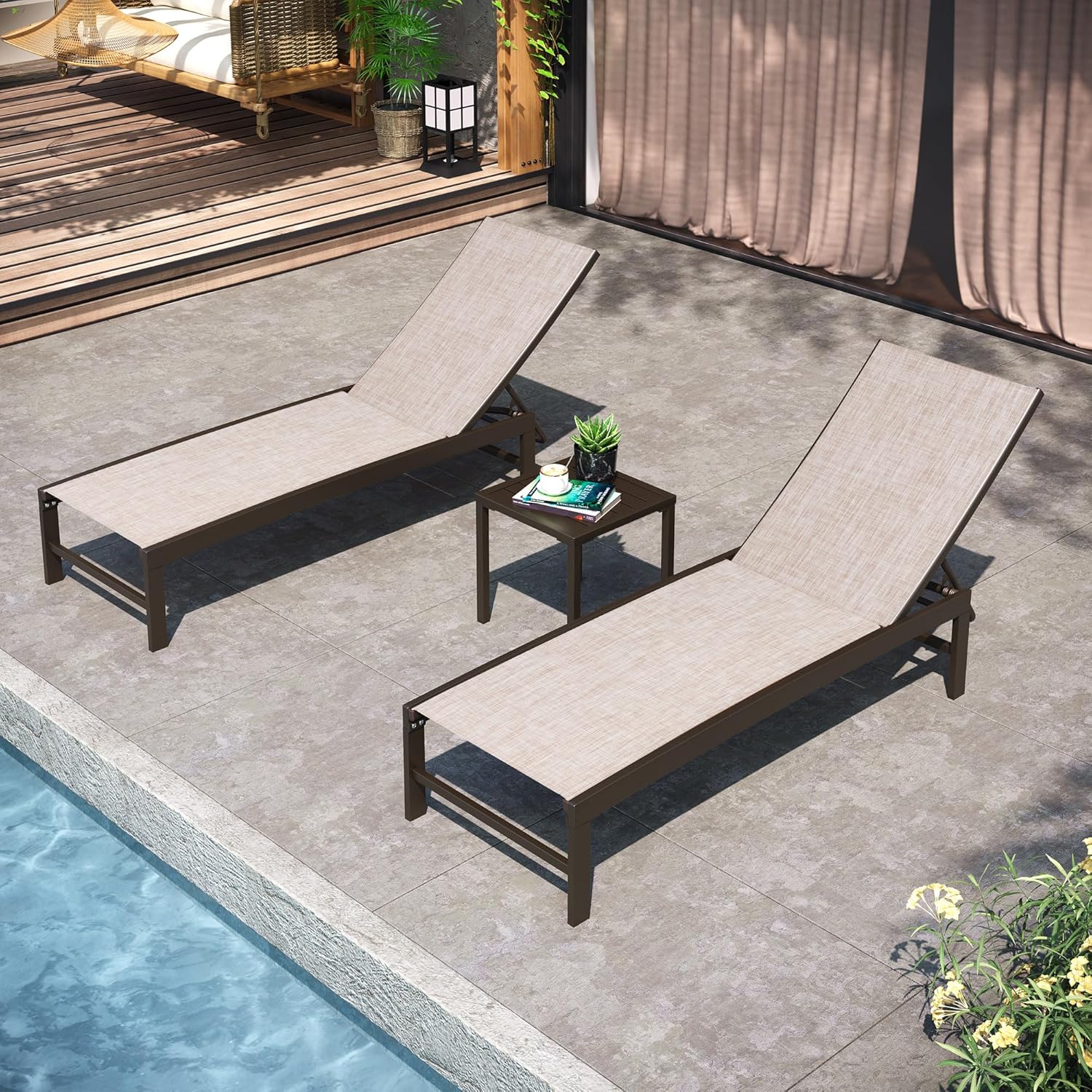 Pellebant Outdoor Lounge Chairs Set of 2, Patio Aluminum Chaise Lounge with Adjustable Backrest, Rustproof Pool Lounge Chairs for Pool Deck Sunbath(2pcs,Beige)