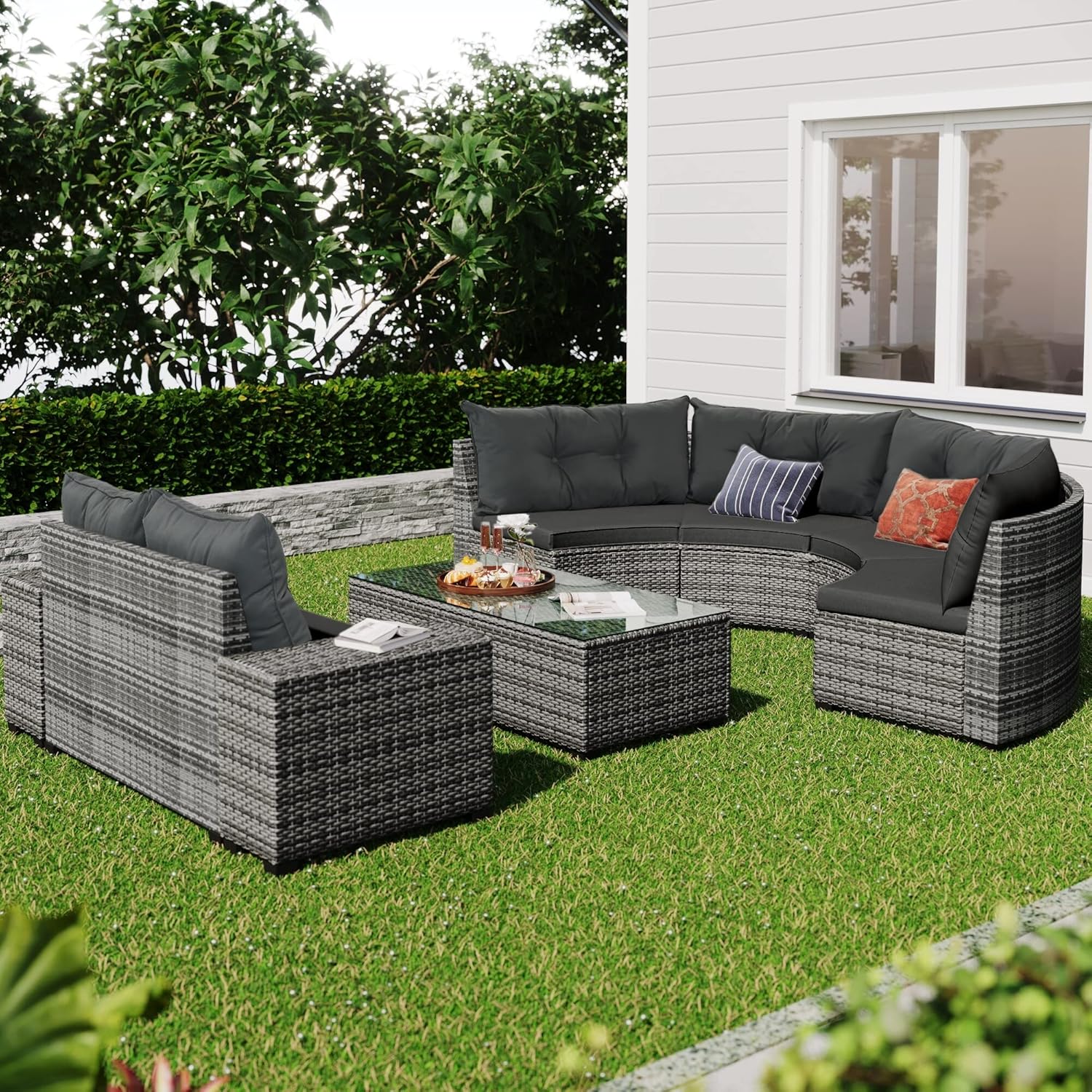 8-Pieces Outdoor Wicker Round Sofa Set Half-Moon Sectional Sets All Weather Curved with Rectangular Coffee Table Black Grey Modern Contemporary Steel Finish