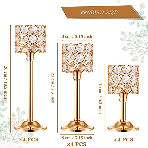 12 Pieces Crystal Candle Holders Set 3 Sizes Tall Crystal Wedding Candlestick Holders Pillar Candelabra Stand for Table Centerpieces for Christmas Party Wedding Dining Decoration (Gold)