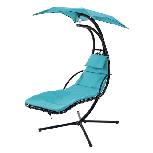 LUMISOL Hanging Chaise Lounger with Removable Canopy, Outdoor Swing Chair with Built-in Pillow, Hanging Curved Chaise Lounge Chair Swing for Patio, Porch, Poolside, Hammock Chair with Stand, Navy