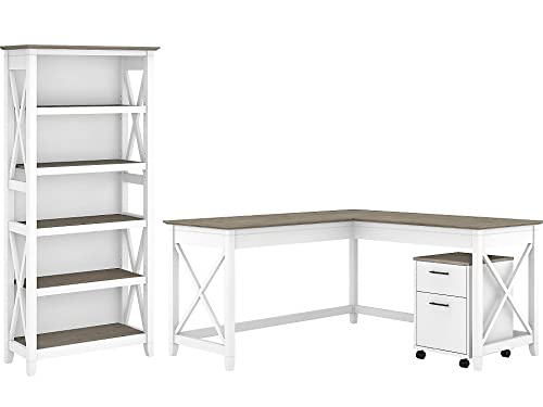 Bush Furniture Key West 60W L Shaped Desk with 2 Drawer Mobile File Cabinet and 5 Shelf Bookcase in Dark Gray Hickory