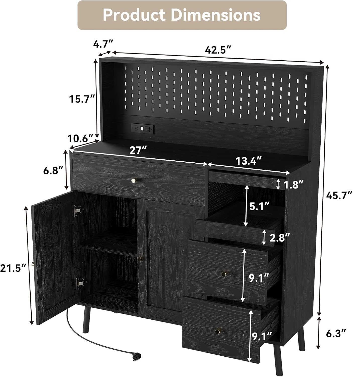 ARTETHYS Buffet Cabinet with Storage and Charging Station Black Sideboard Table with Perforated Board Large and Tall Modern Cabinet with Drawers for Dining Room 42.5 x 10.6 x 52 Inches
