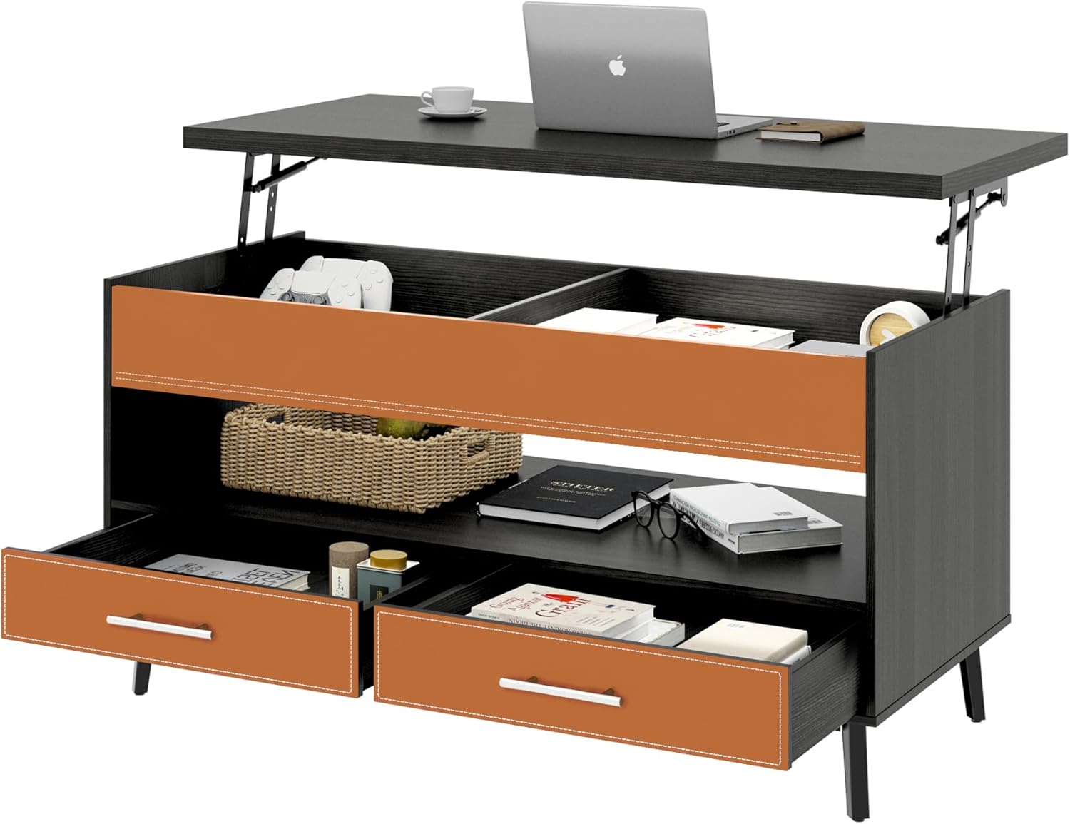 Leather Lift Top Coffee Table with 2 Drawers and Large Hidden Compartment, Modern Central Table with Drawers, Lift-up Dining Table for Living/Home office/Apartment, Black/Orange