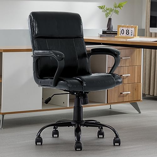DYHOME Leather Office Chair Brown Desk Chair with Padded Armrests, Home Office Desk Chair Mid Back Ergonomic Computer Chair with 30° backrest recline, Capacity 400lbs