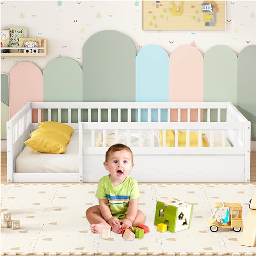 Twin Size Floor Bed with High Fence Rails, Solid Wood Montessori Floor Bed for Baby,Kids Twin Bed Frame for Girls, Boys, Floor Bed without Slats as Kids Playground,Natural