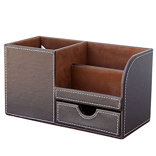 KINGFOM Desk Organizer Office Supplies Caddy Pu Leather Multi-function Storage Box Pen/Pencil,Cell phone, Business Name Cards Remote Control Holder with Small Drawer Brown