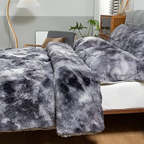 3 Pieces Plush Fluffy Duvet Cover,Luxury Faux Fur Quilt Cover Set Tie Dyed Extra Soft and Fluffy Bedding (1 Duvet Cover + 2 Pillowcases)(90x90inch, Grey)