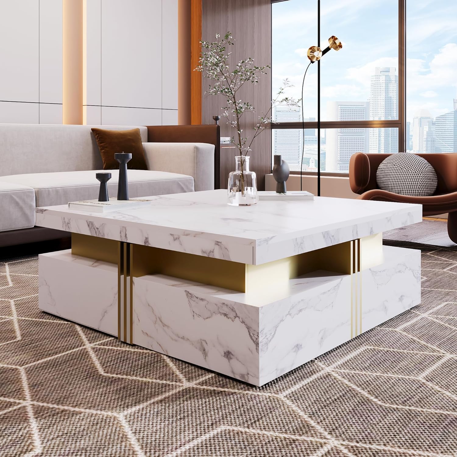 Modern White Square Storage Coffee Table with 4 Drawers,Living Room Table Modern Funiture Table