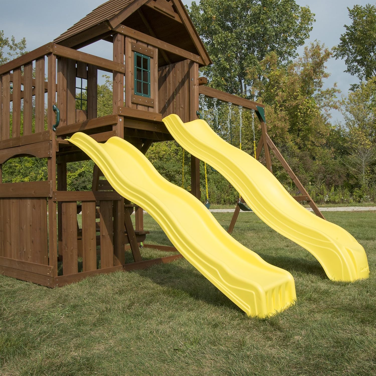 Swing-N-Slide WS 8356 Wooden Timberview Play Set with Two Slides, Monkey Bars, Wood Roof, Climbing Wall and Swings, Wood , Brown