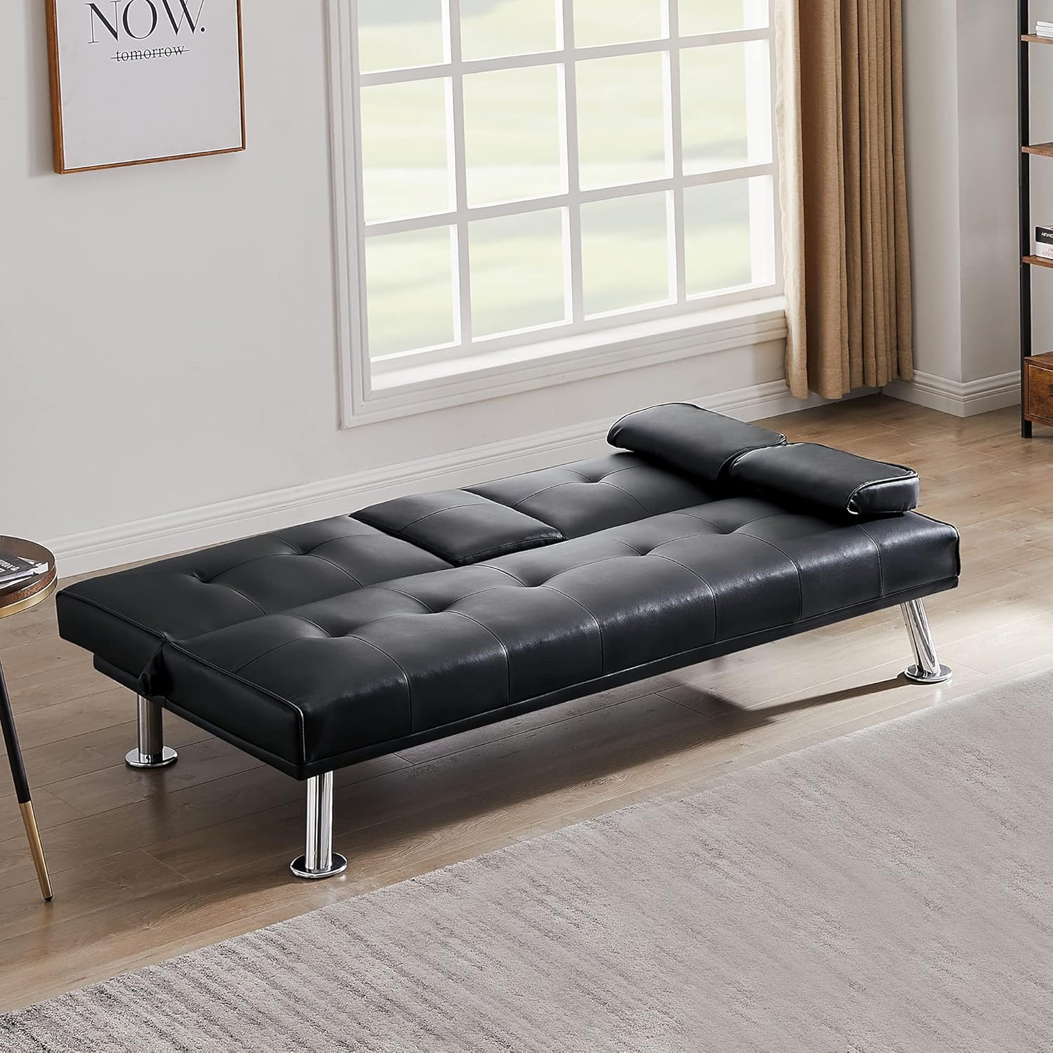 Black Faux Leather Loveseat Sofa Bed with Cup Holders, Convertible Folding Sleeper Couch Bed