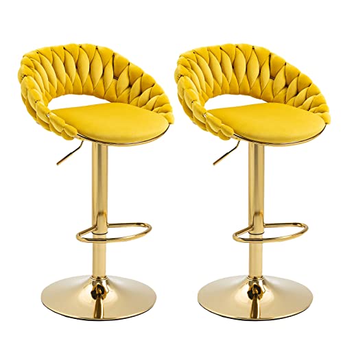 GNIXUU Velvet Bar Stools Set of 2, Adjustable Counter Height Barstools with Back Modern Upholstered Swivel Bar Chairs for Kitchen Island, Bar(Gold and Ivory)