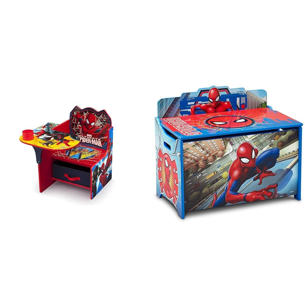 Delta Children Chair Desk with Storage Bin - Greenguard Gold Certified, Spider-Man, Arm Rest, Cushion Availability, Engineered Wood & Deluxe Toy Box, Spider-Man