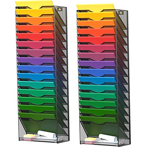 2 Pack 10-Tier Wall Mounted Hanging File Organizer Metal Mesh Wall File Holder Organizer Magazine Rack Multipurpose Use for Office